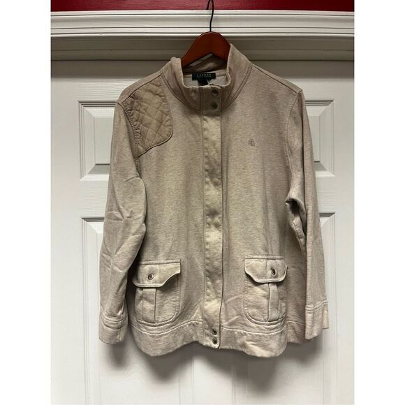 Lauren Ralph Lauren Beige Quilted Patch Hidden Zipper Jersey Jacket sz XL EUC - Picture 1 of 11